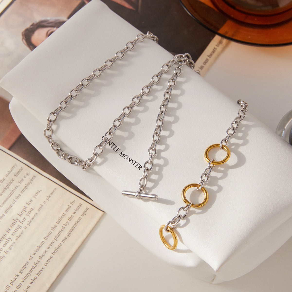 amethyst & sable axis mixed link necklace in 18k gold and stainless steel
