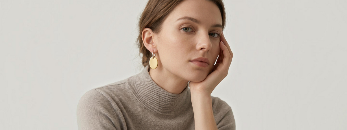 A woman with her hair pulled back wears a taupe ribbed mock neck sweater and a pair of Amethyst & Sable gold disc earrings, posing with her hand on her cheek against a light gray background.