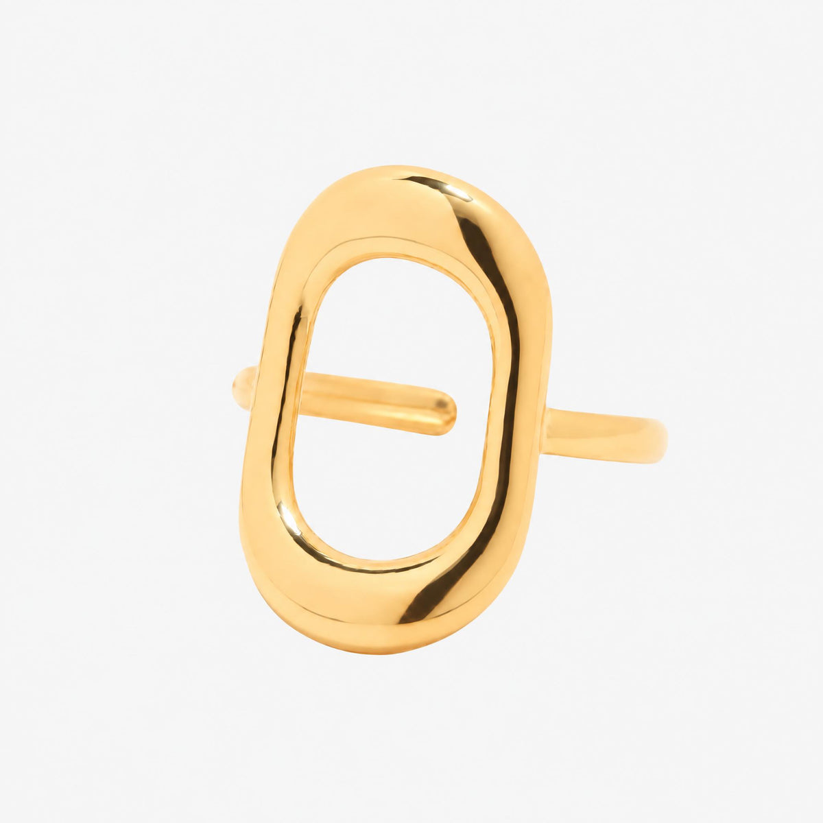 amethyst & sable axis frame ring in gold featuring a bold, open oval or elongated pill-shaped face with a straight bar extending from the side, shown on a plain white background.