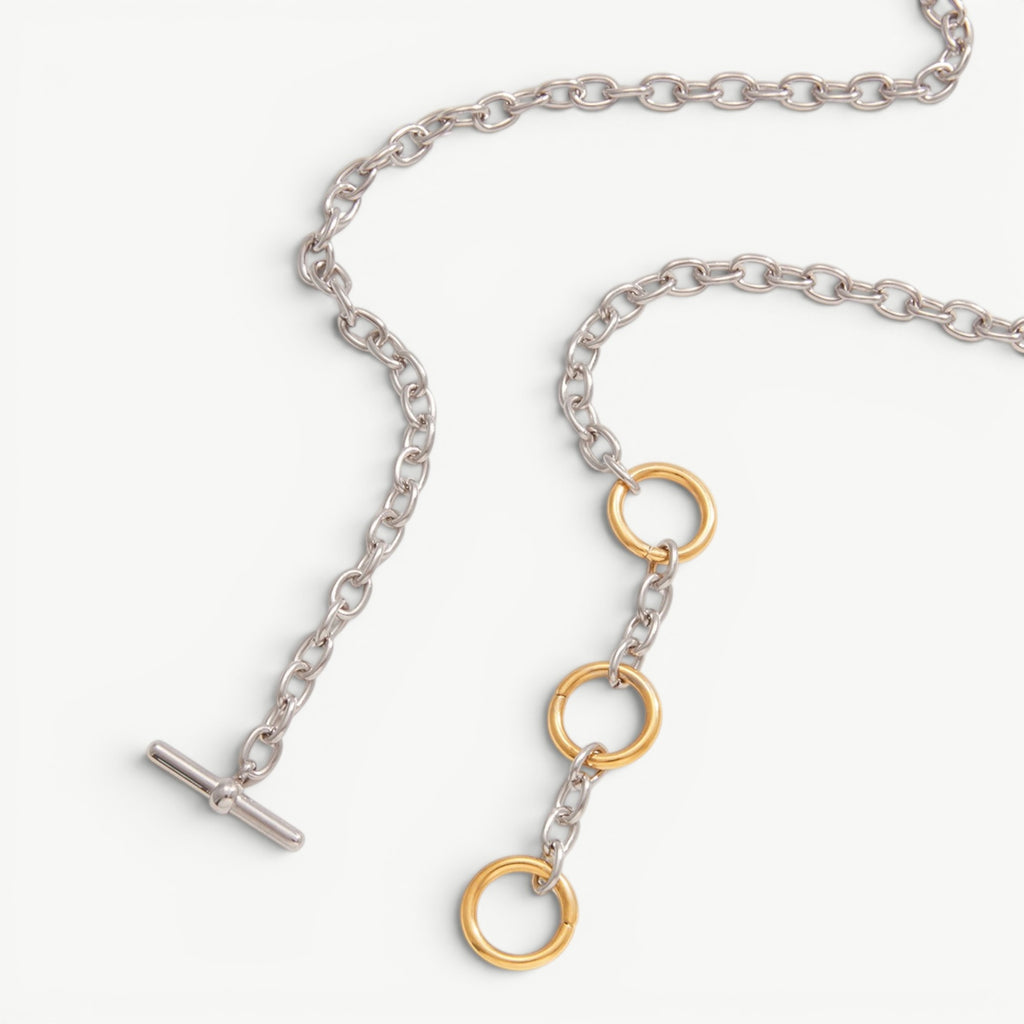 amethyst & sable axis mixed link necklace in 18k gold and stainless steel