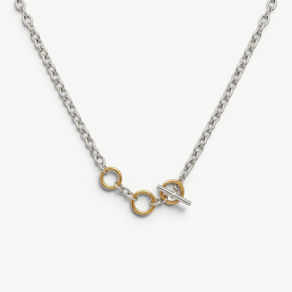 amethyst & sable axis mixed link necklace in 18k gold and stainless steel