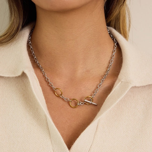 model wearing amethyst & sable axis mixed link necklace in 18k gold and stainless steel