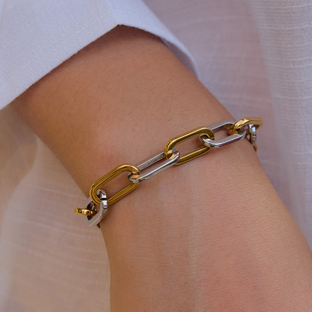 model wearing amethyst & sable axis sequence bracelet