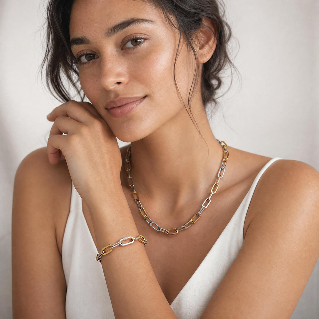 model wearing amethyst & sable axis sequence set 
