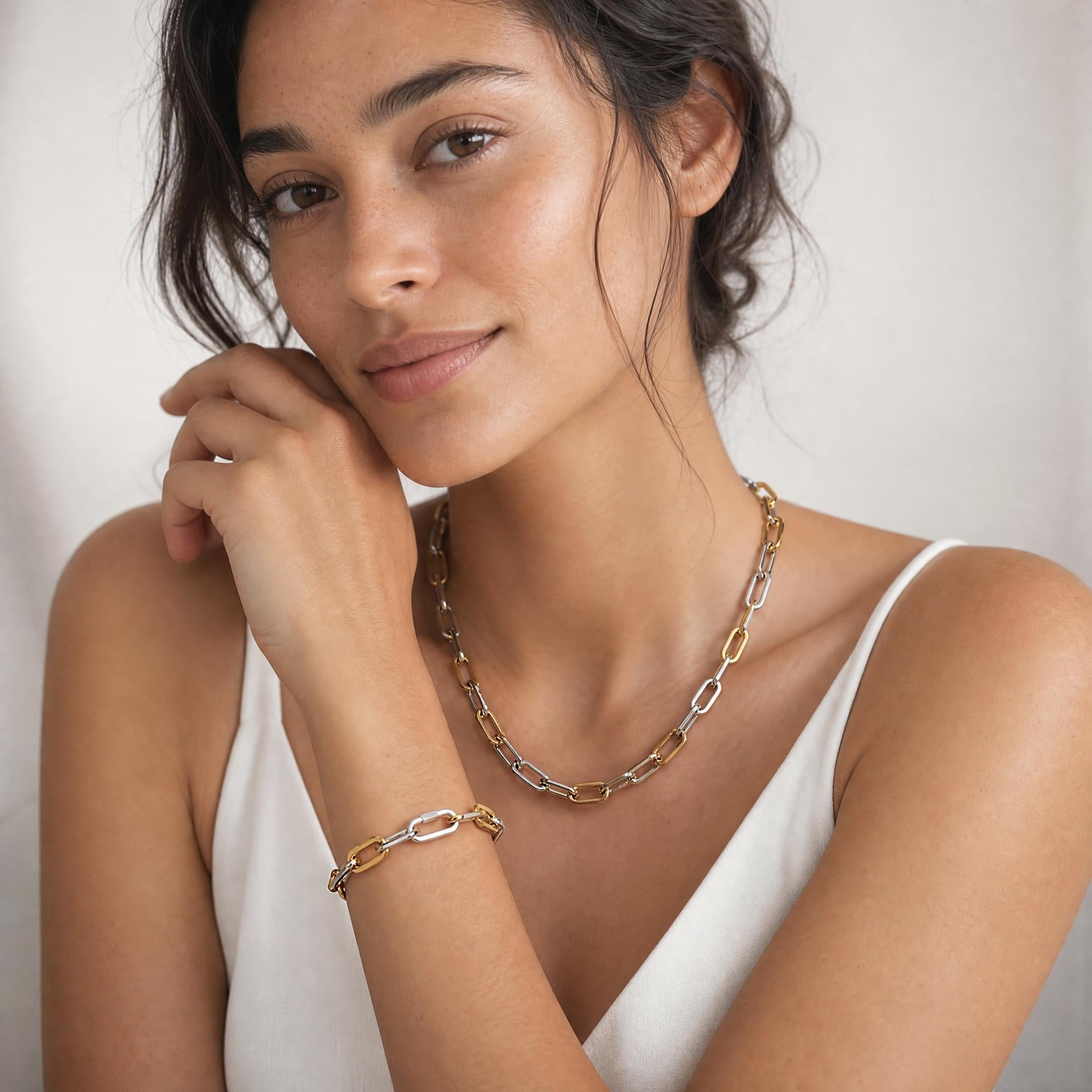 model wearing amethyst & sable axis sequence set 