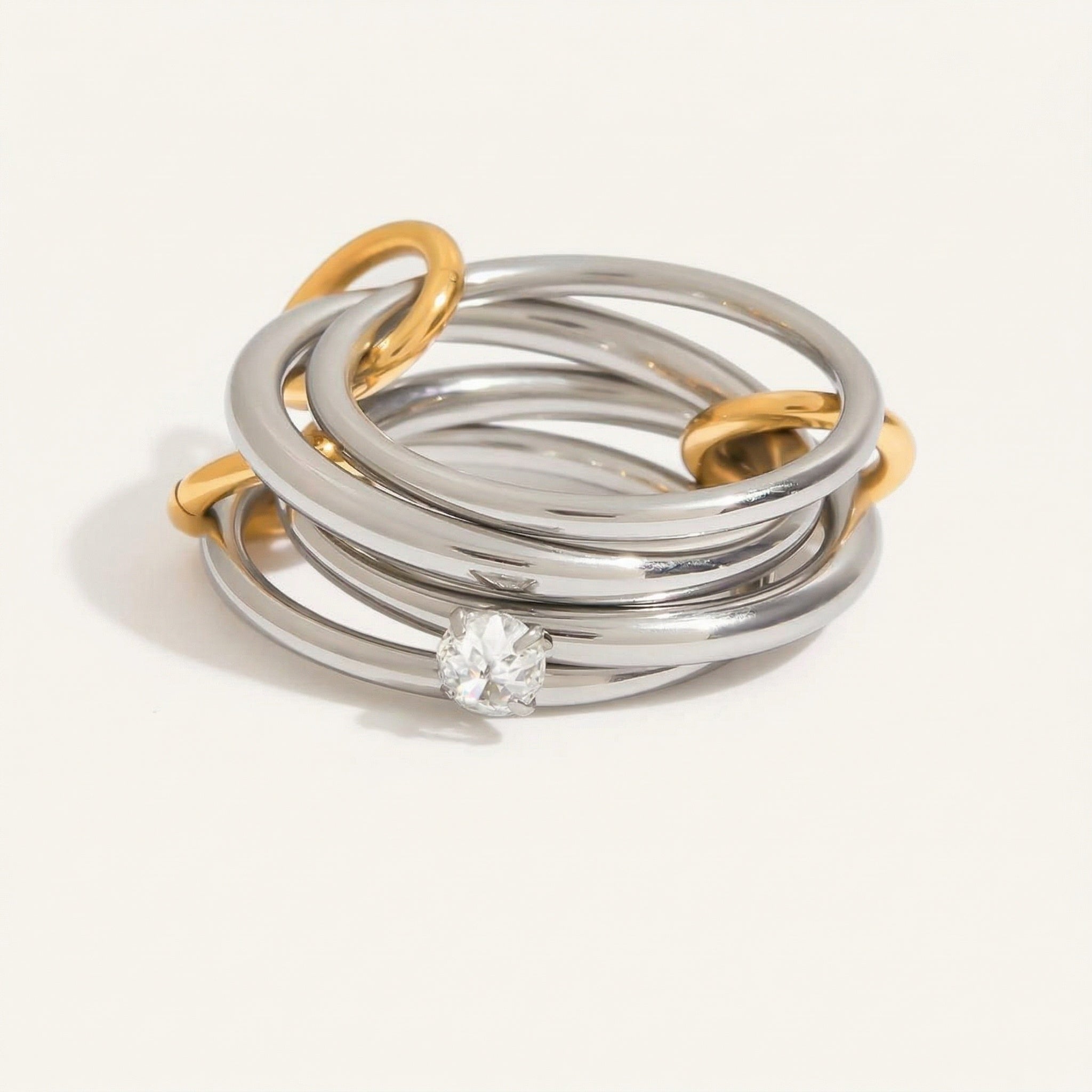 amethyst & sable axis stack ring in 18k gold and stainless steel mixed metal
