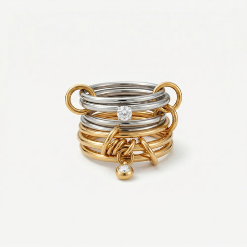 amethyst & sable axis stack rings in 18k gold and stainless steel mixed metal