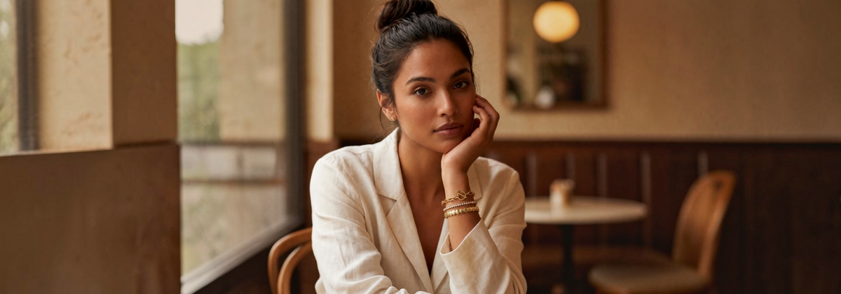 A woman with her hair in a bun sits in a cafe wearing a white blazer and gold bracelets, looking thoughtfully to the side.