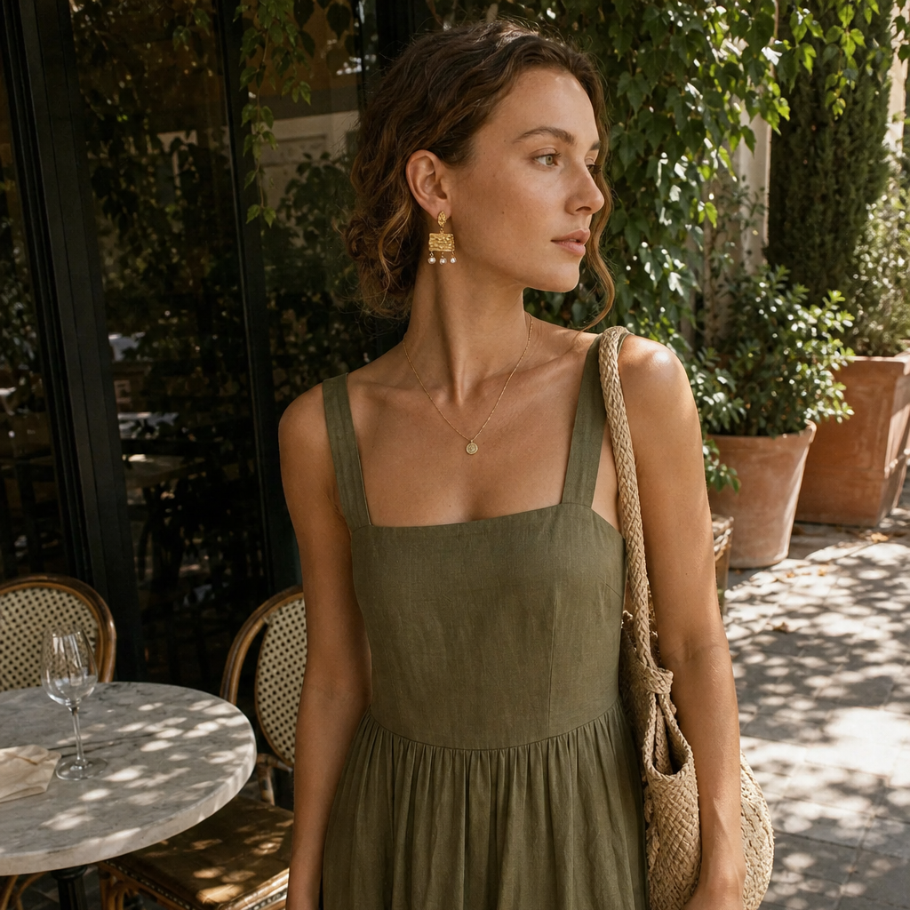 A woman wearing an olive green sleeveless midi dress with a square neckline and gathered waist, standing outdoors on a patio with a woven shoulder bag.