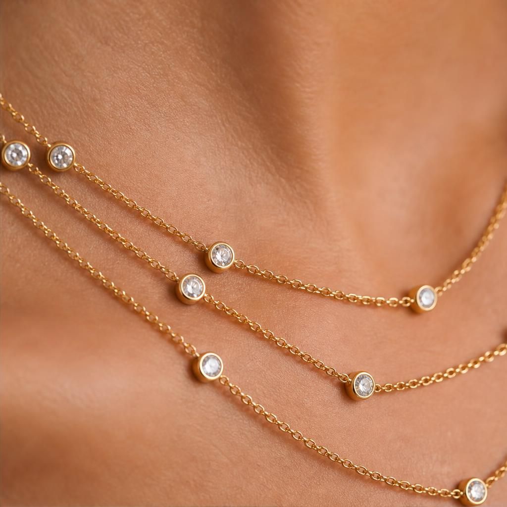 model wearing amethyst & sable luma cascade necklace in 18k gold