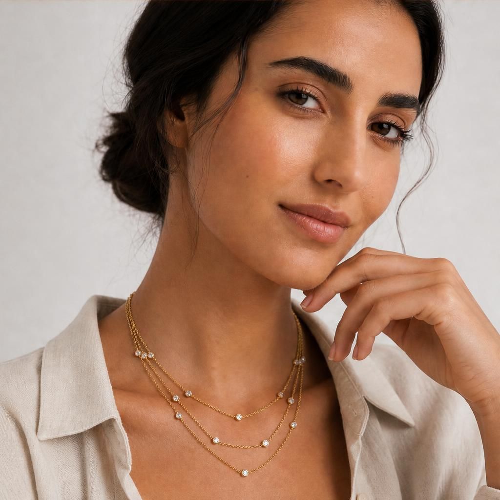model wearing amethyst & sable luma cascade necklace in 18k gold