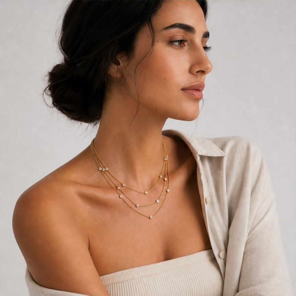 model wearing amethyst & sable luma cascade necklace in 18k gold