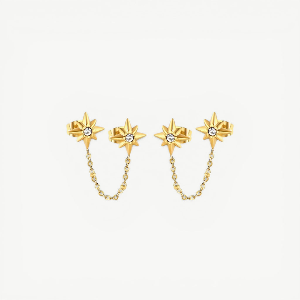 amethyst & sable luma chain eight point star earrings in 18k gold