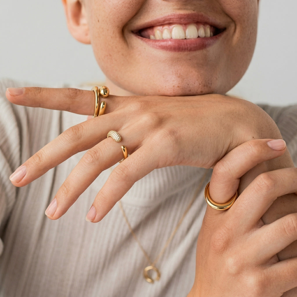model wearing amethyst & sable luma halo open ring in 18k gold