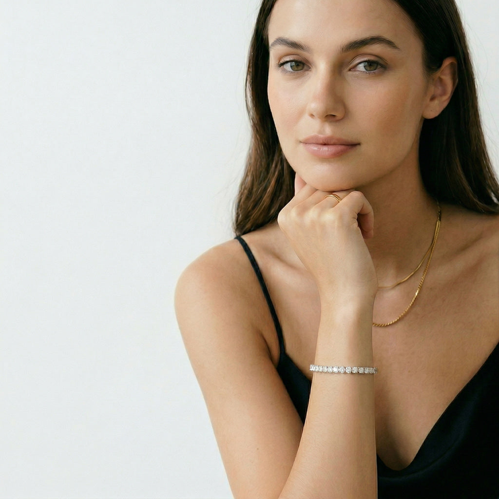 amethyst & sable luma tennis bracelet in silver on model