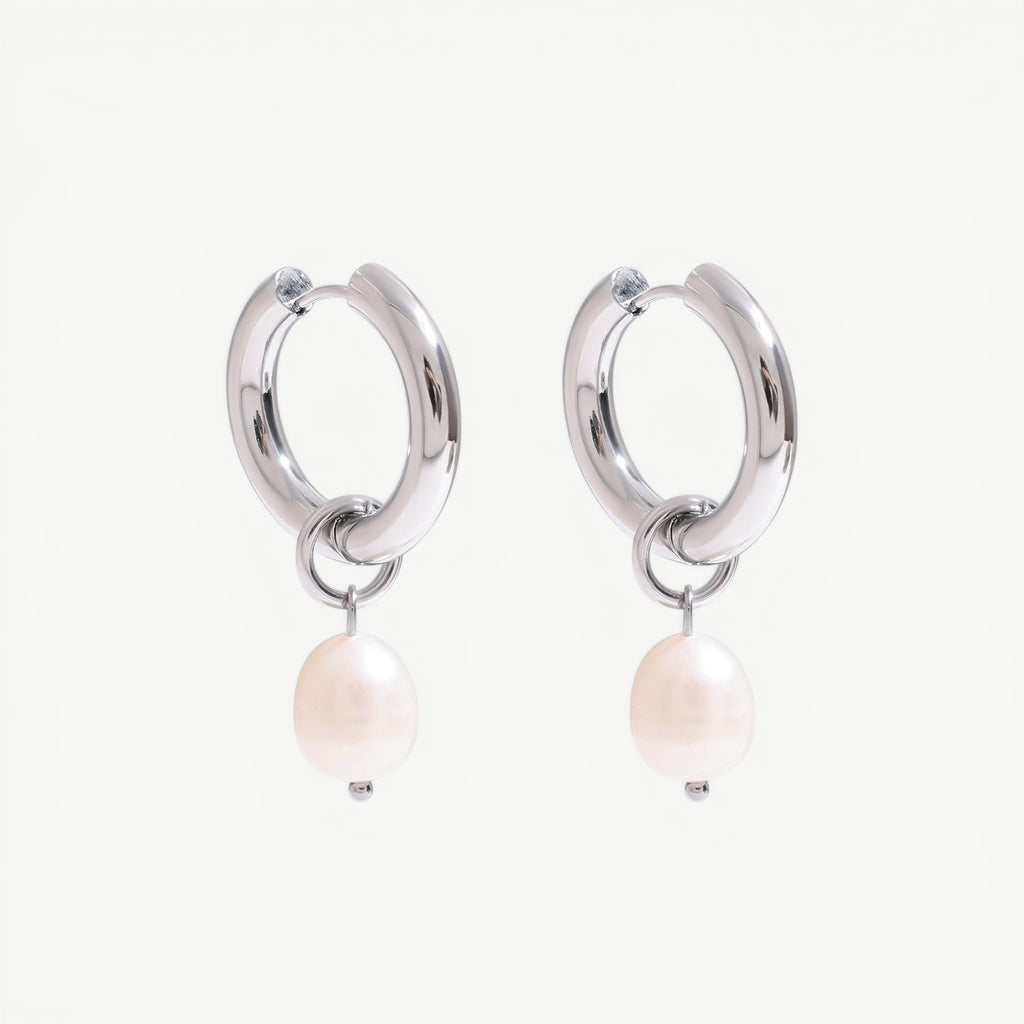 amethyst & sable Selene Pearl Drop Hoops in silver