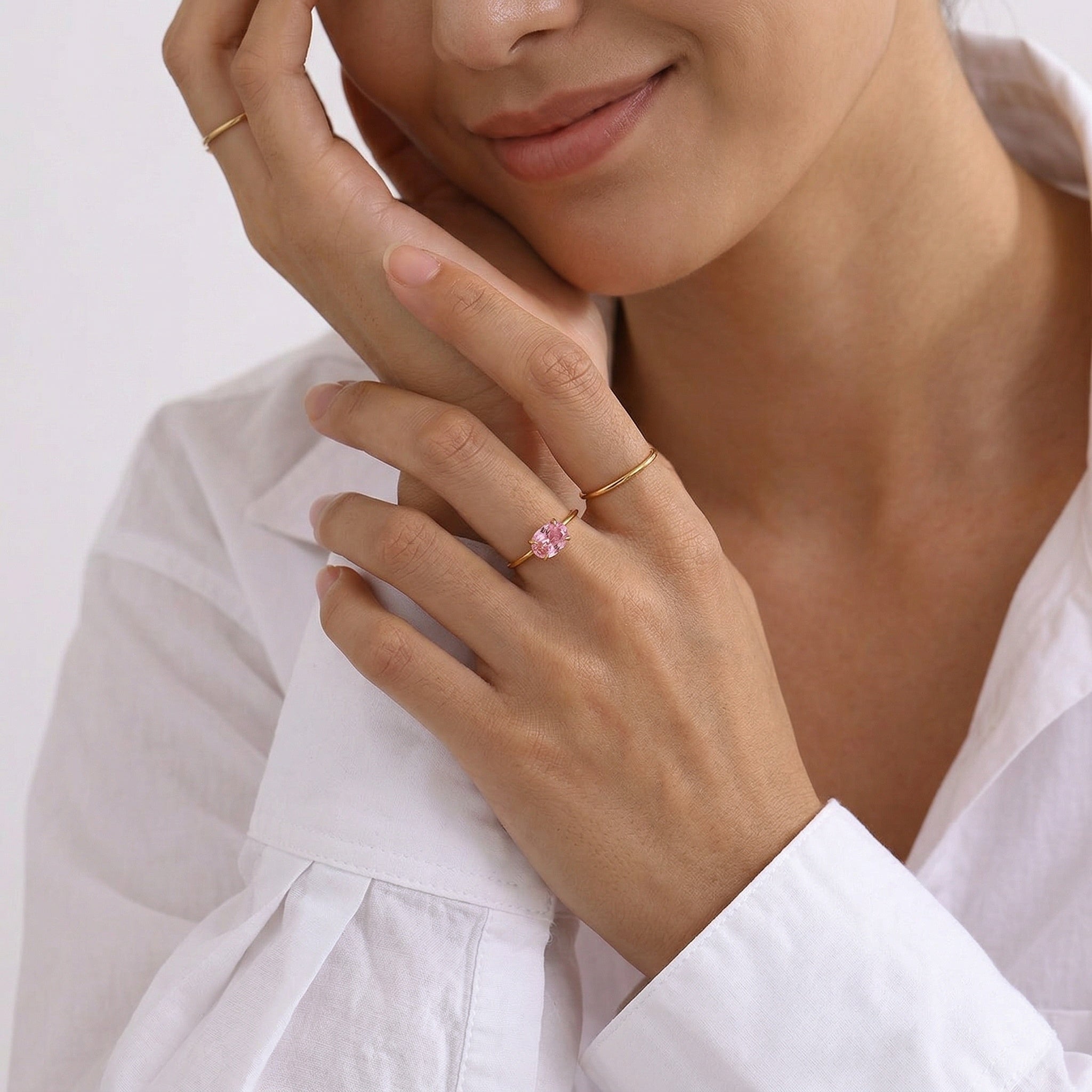 model wearing gold amethyst & sable soleil meridian ring in blush