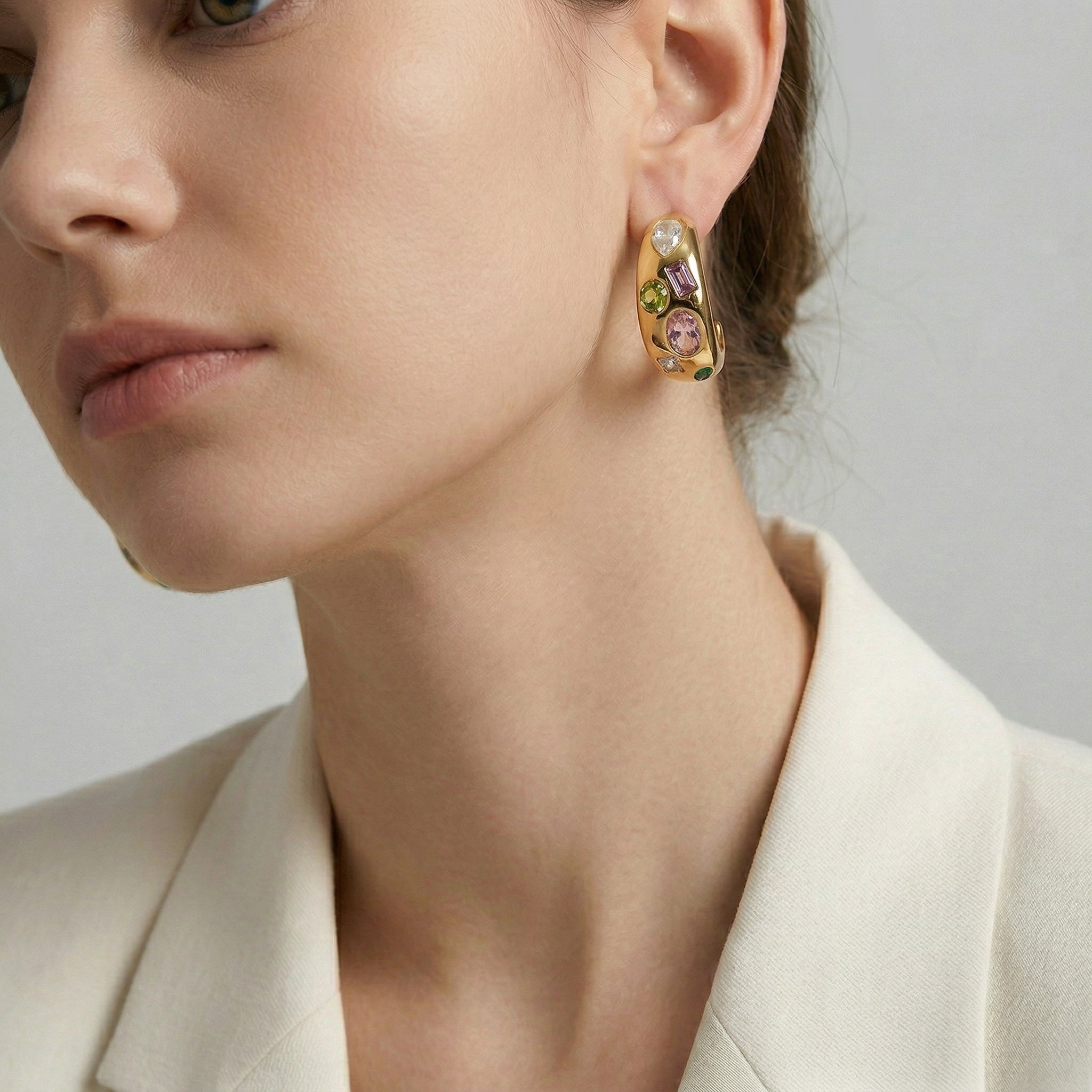 model wearing amethyst & sable soleil mosaic hoop earrings in 18k gold