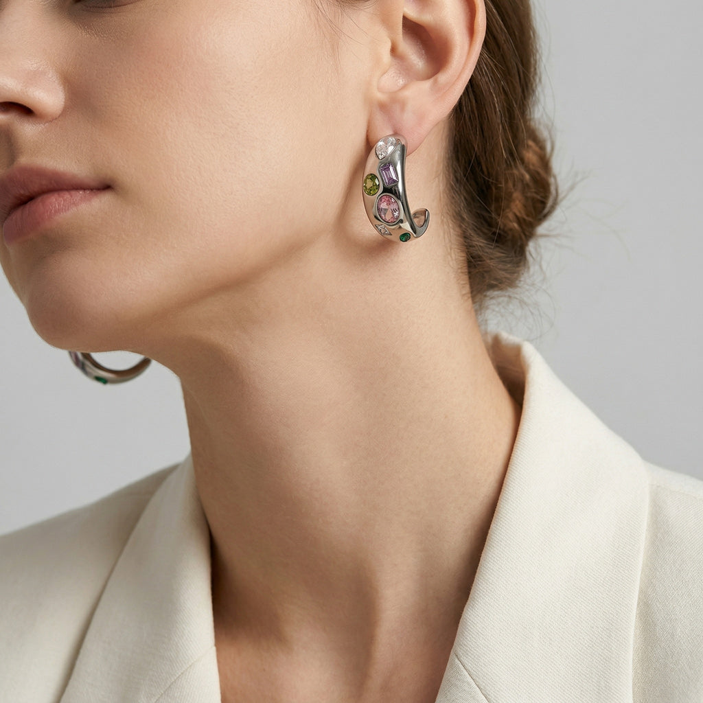 model wearing amethyst & sable soleil mosaic hoop earrings in silver