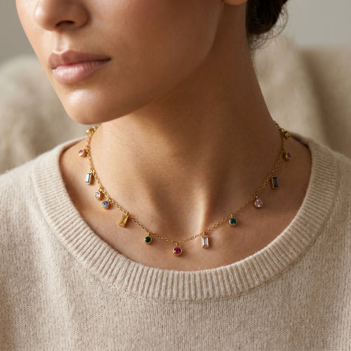 model wearing amethyst & sable soleil mosaic necklace in 18k gold
