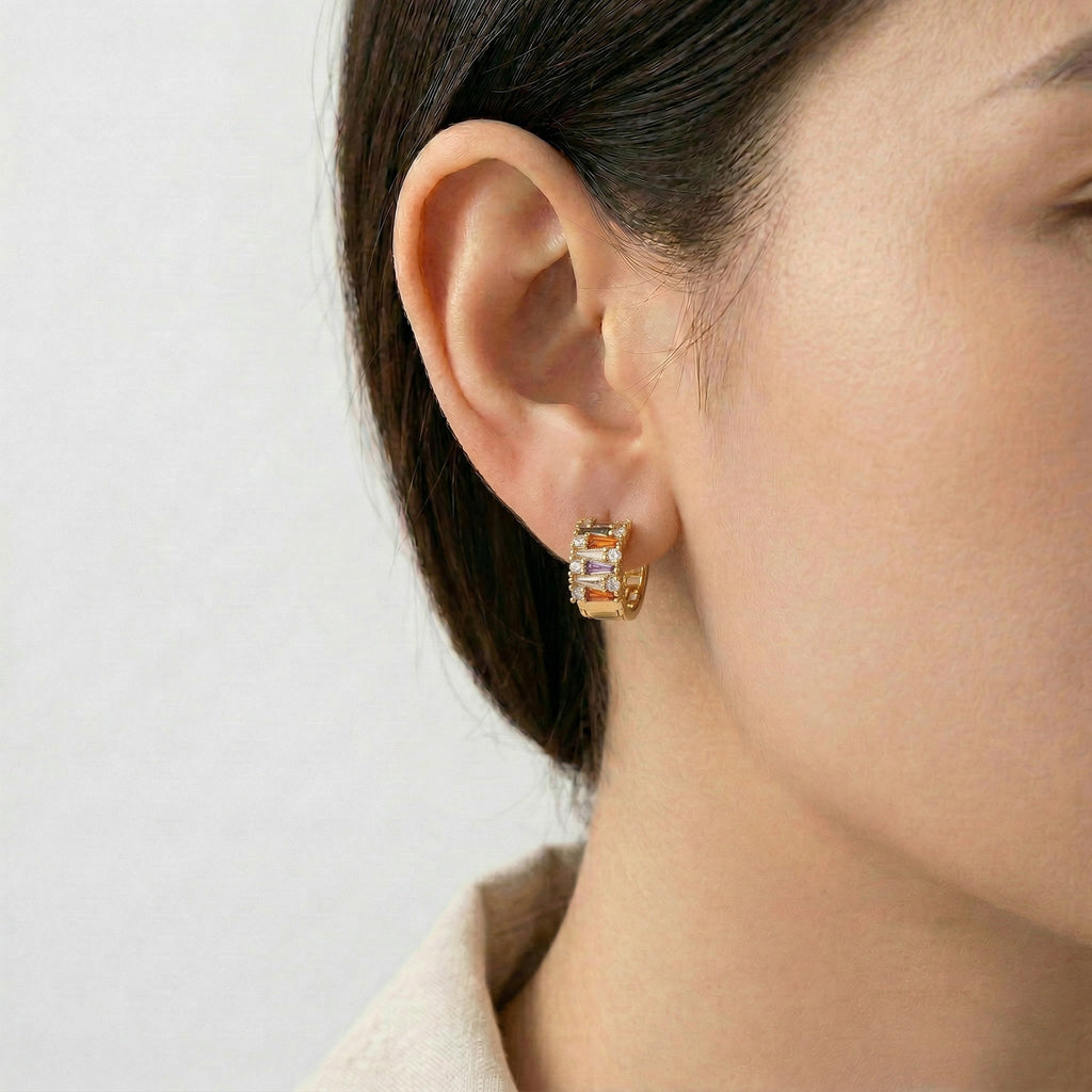 model wearing amethyst & sable 18k gold soleil prism huggie earrings in mosaic multicolor crystal