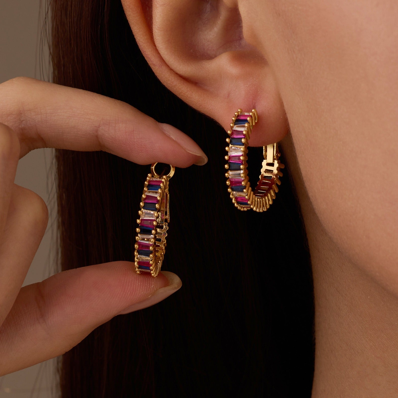 model wearing amethyst & sable soleil spectrum hoop earrings 18k gold