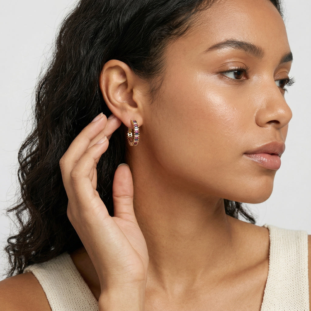 model wearing amethyst & sable soleil spectrum hoop earrings 18k gold