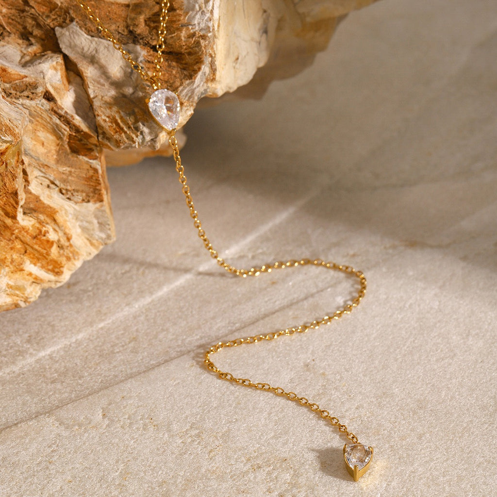 amethyst & sable luma lariat necklace in 18k gold with pear-shaped cubic zirconia stones