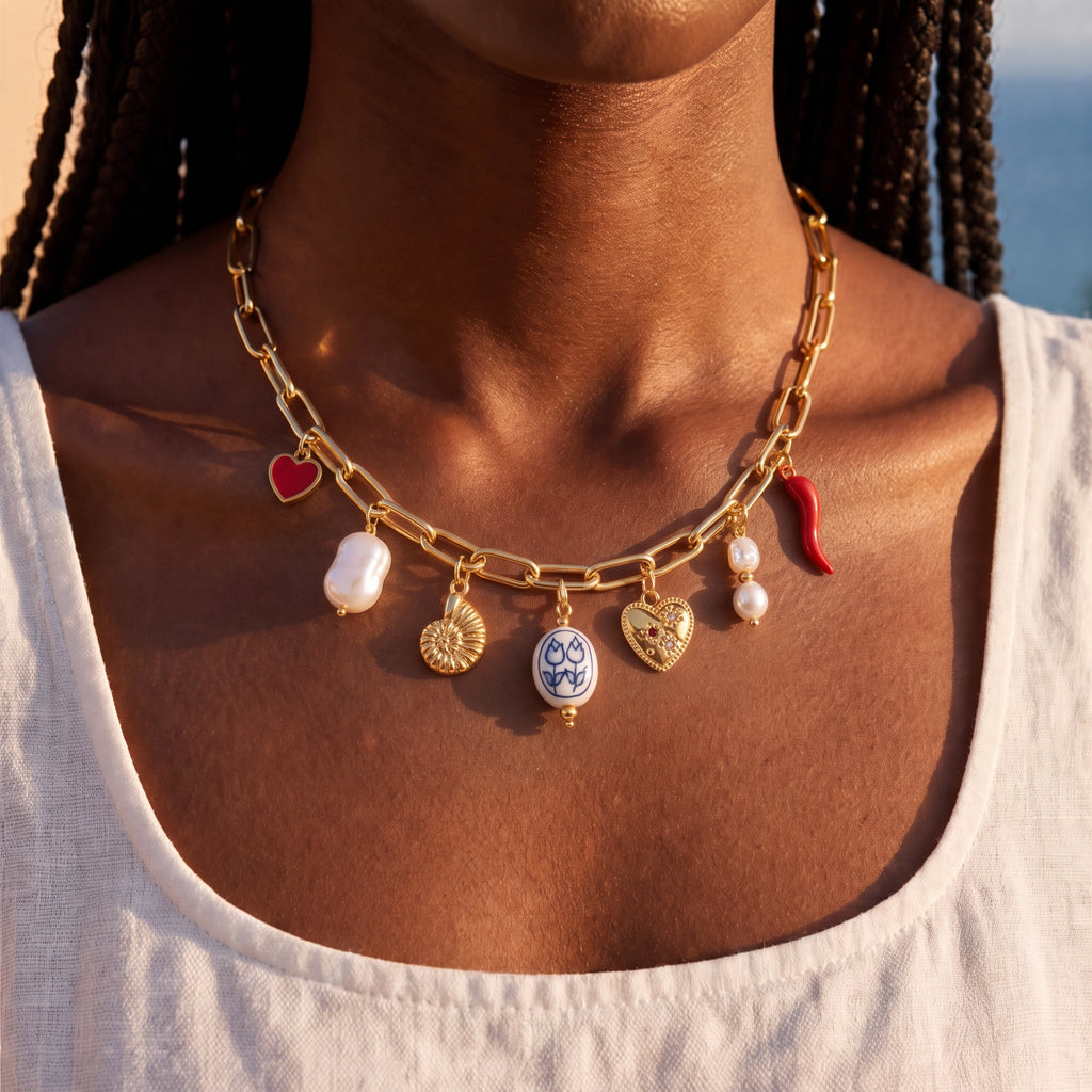 model wearing Amethyst & Sable's Calypso Drift Necklace in  18k gold